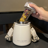 欧克特派保温杯大容量女大肚杯吸管水杯儿童304杯子1L高颜值 云朵白1000ML【高级背带+滤网】