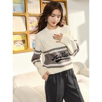 春秋女装时尚休闲显瘦菱格撞色提花落肩圆领针织衫