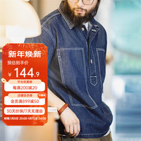 马登 MADEN工装 美式休闲半开襟丹宁牛仔衬衫男辑明线宽松套头长袖衬衣 牛仔蓝 XL