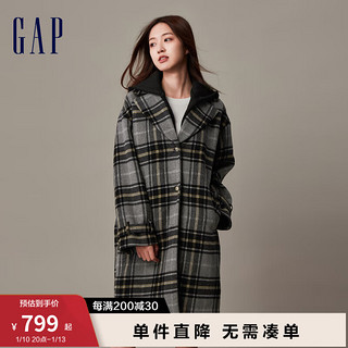 Gap女装冬季2023羊毛混纺毛呢长款大衣841025保暖廓形外套 灰色格纹 155/76A(XS)亚洲尺码