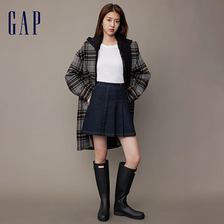 Gap女装冬季2023羊毛混纺毛呢长款大衣841025保暖廓形外套 灰色格纹 155/76A(XS)亚洲尺码