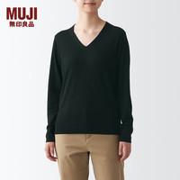 無印良品 MUJI 無印良品 女式 美利奴羊毛 可水洗 V领毛衣 BAC12A2A 长袖针织衫 黑色 L