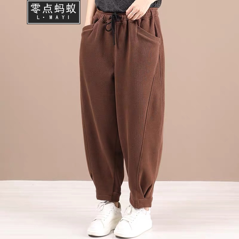 零点蚂蚁大码女装裤子松紧腰韩版宽松休闲裤长裤显瘦萝卜裤胖妹妹秋装哈伦裤加肥加大码女裤 咖啡色薄款 2XL【180-210斤】