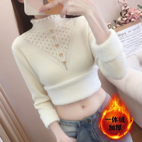 瑷优霏针织衫女秋冬加绒加厚一体绒半高领毛衣时尚保暖打底衫女上衣 白色 XXL125-135斤左右