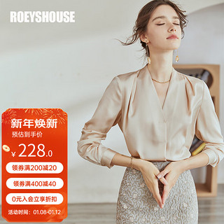 ROEYSHOUSE 罗衣 职业长袖缎面衬衫女春秋女装V领设计感上衣衬衣04878 杏色 M