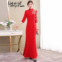 晗韵洛中国风改良旗袍连衣裙女高端优雅修身刺绣走秀鱼尾款 红色 2XL