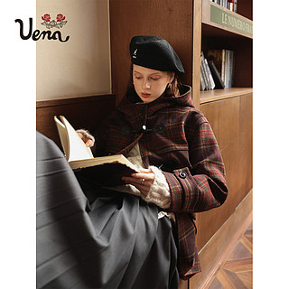 【缱绻绮梦】Uena美式学院风红色格纹毛呢外套长款牛角扣连帽大衣