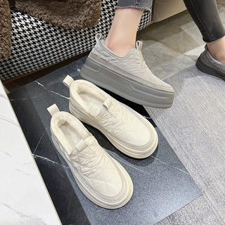 加绒小白鞋冬季一脚蹬女鞋厚底休闲乐福鞋加厚保暖棉鞋