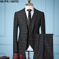 HAIPAIHAOYU 西服套装男修身商务正装绅士深灰色格子西装 9911深灰色 170上衣31裤子