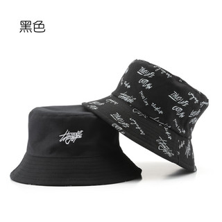 牧佰澜 帽子渔夫帽男ins字母涂鸦韩版百搭个性双面戴遮阳防晒小众盆帽女 双面渔夫帽-黑色