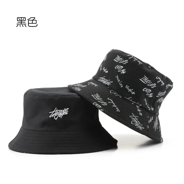牧佰澜 帽子渔夫帽男ins字母涂鸦韩版百搭个性双面戴遮阳防晒小众盆帽女 双面渔夫帽-黑色
