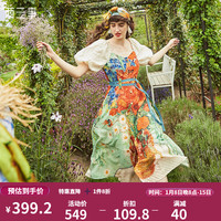 两三事梵高系列 众星捧月 夏季复古印花泡泡袖a字连衣裙女 花色 S