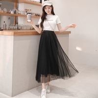 爱诺登网纱半身裙百褶仙女裙韩版高腰显瘦中长款百搭A字大摆裙 黑色四季款裙长85CM 1米6以上 XL 【120-140】