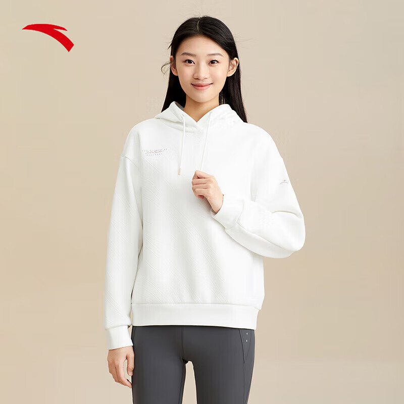 安踏(anta)加绒抽绳连帽卫衣女秋冬oversize宽松休闲帽衫 纸莎白-1 s