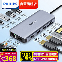 PHILIPS 飞利浦 Type-C扩展坞苹果电脑转换器雷电4拓展坞USB-C3.0转接头分线器 十一合一（网口+2HDMI+DP+PD+4USB）