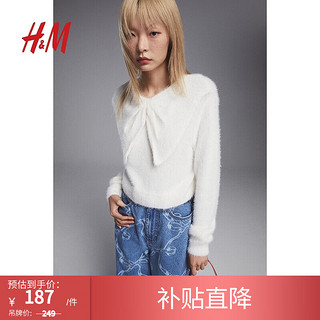 H&M【新年系列】女装毛针织衫2024春季蝴蝶结毛茸套衫1213182 奶油色 155/80A