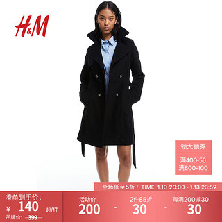 H&M 女装风衣2023冬季新款棉质防风双排扣宽平驳领系带外套1152158 黑色 170/116A