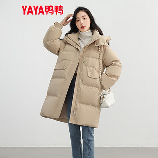 YAYA 鸭鸭羽绒服 鸭鸭（YAYA）羽绒服女中长款2023年新款连帽加厚时尚百搭休闲宽松鸭绒外套KL 卡其色 S