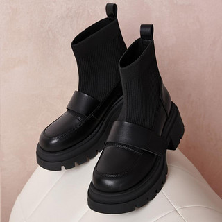 BASTO 百思图 2023冬季新款时髦简约休闲袜靴粗跟女短靴