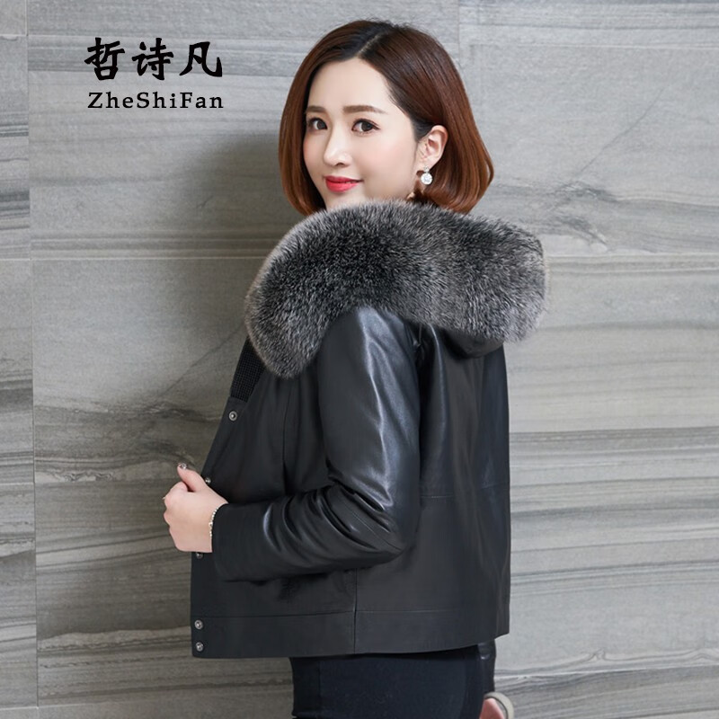 哲诗凡2023冬狐狸毛领皮草外套海宁皮衣绵羊皮夹克真皮羽绒服女短款 黑色 XL