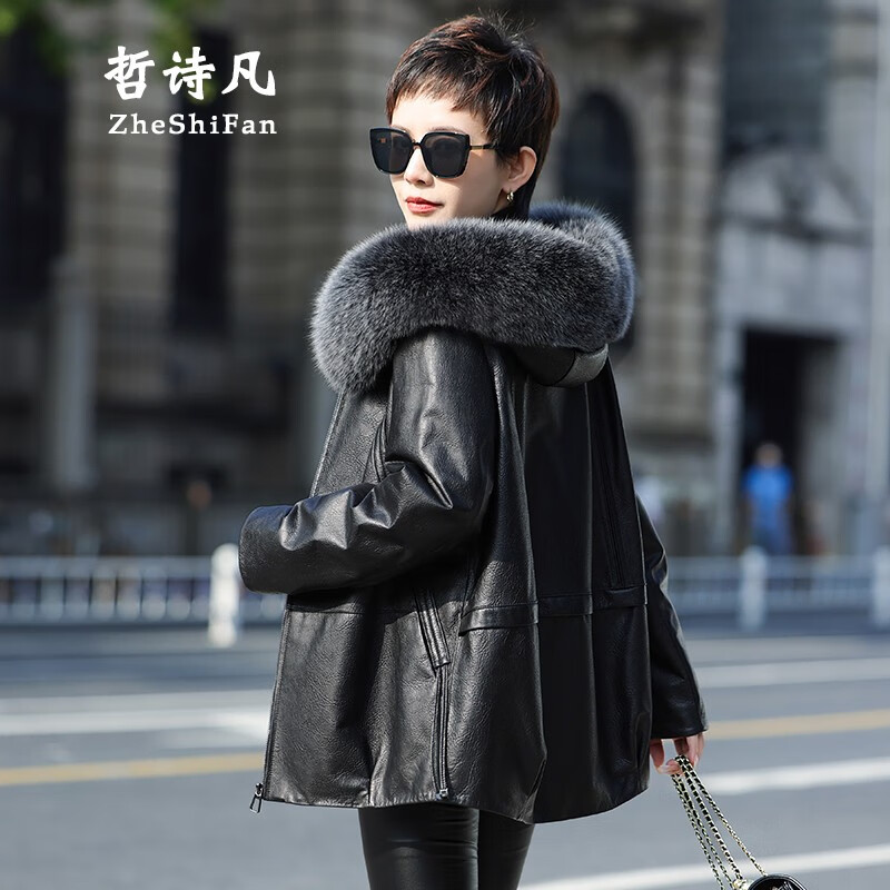 哲诗凡可脱卸真皮羽绒服女中长款外套海宁绵羊皮衣狐狸毛领皮草2023冬新 黑色 XL
