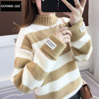 GOOMIL LEE本命年龙女高品质毛衣女半高领加厚宽松款秋冬短款潮流百搭针 条纹卡其半高领 (加厚保暖) 均码
