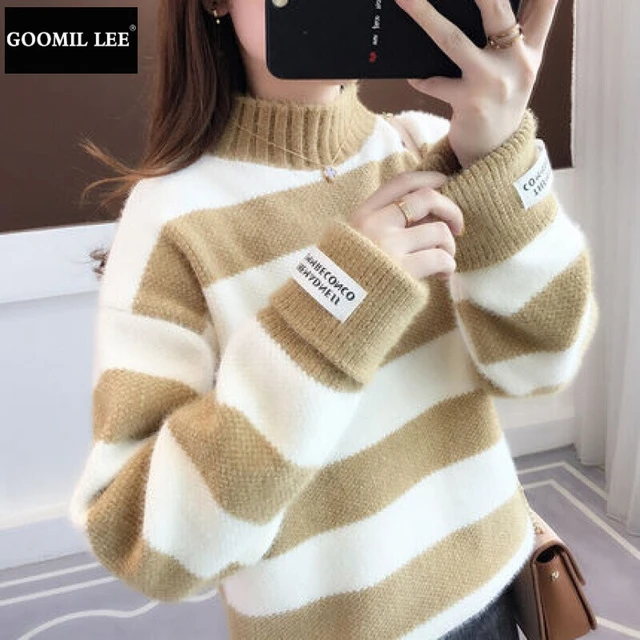 GOOMIL LEE本命年龙女高品质毛衣女半高领加厚宽松款秋冬短款潮流百搭针 条纹卡其半高领 (加厚保暖) 均码