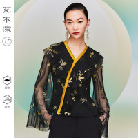 花木深原创设计师女装复古刺绣上衣女改良中式荷叶边交领女装网纱喇叭袖衬衫 纯黑 L