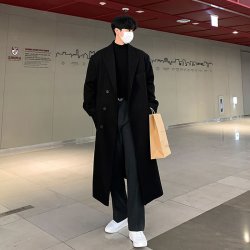 艾梵斯贝 新款冬季男士毛呢大衣中长款过膝加厚呢子男款风衣外套韩版潮宽松 黑色(加棉款) XL