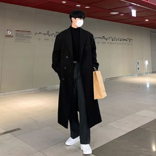 艾梵斯贝 新款冬季男士毛呢大衣中长款过膝加厚呢子男款风衣外套韩版潮宽松 黑色(加棉款) XL