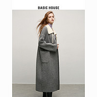 Basic House/百家好撞色翻领针织开衫女冬气质长款外套