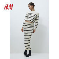 H&M女装长裙女士简约条纹高腰罗纹针织半身裙1212724 奶油色/黑色条纹 155/64A