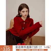 范思蓝恩23FS14739红色彩点翻领针织开衫毛衣宽松显瘦可外穿内搭