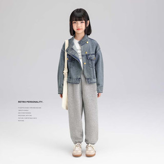 左西【2024春款】女童斜襟立领复古短款牛仔压线分割设计外套 深牛仔色 150