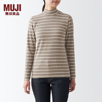 無印良品 MUJI 無印良品 女式 弹力 罗纹织 半高领 T恤 BBM05A2A 打底衫 米白色条纹 XS