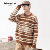 MMOPTOP 条纹毛衣针织衫男春秋款冬季宽松圆领套头潮流长袖NYH613咖啡L L(120-140斤)