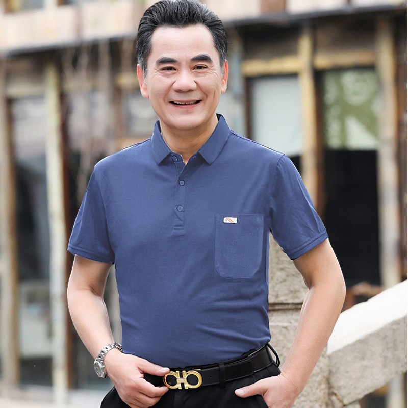 荣樱夏天爸爸夏装短袖真口袋男中年男士T恤中老年人衣服宽松爷爷纯棉半袖翻领父亲节反领上衣 宝蓝色 52#【145-165斤】