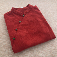 SZHG红色棉提花年轻款高考旗袍复古改良中长款棉麻连衣裙 胭脂红 L