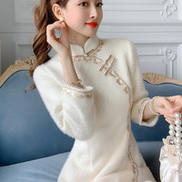 杜艳枝温柔风绒改良旗袍裙连衣裙女秋冬2023法式别致设计感裙子 米白色 S 100斤以下