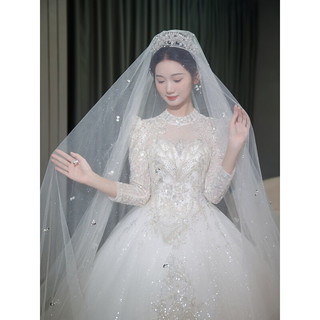 红妆饰佳婚纱2023新娘主婚纱冬季长袖出门纱法式重工复古宫廷风迎宾仪式纱 浅香槟拖尾款 L