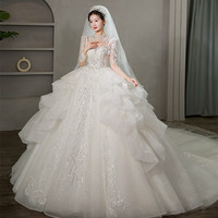 红妆饰佳婚纱新娘长袖重工仪式纱蕾丝韩式在逃公主迎宾纱主纱 米白拖尾款 S