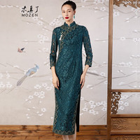 木真了中式改良旗袍裙国风蕾丝修身连衣裙长款宴会女礼服309 绿色 2XA