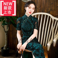 【捡漏】高档轻奢品牌重磅真丝老上海蕾丝裁片长款旗袍女秋年古法旗袍修身连衣裙喜婆婆婚 3XL BL2060绿色