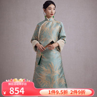 陌遇冬季中国风织锦缎复古长款棉服新中式长款旗袍连衣裙保暖 绿底金叶色 S