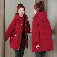 锡曼尘矮个子中长款加厚羽绒服女冬季女韩版宽松冬装小个子 红色 L 110-125斤