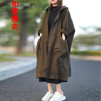如素慢衣文艺复古宽松连帽风衣外套女款23120 军绿色 均码