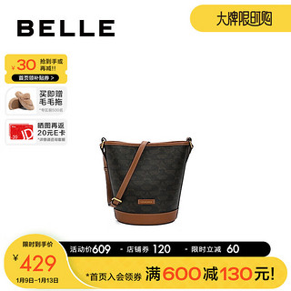 BeLLE 百丽 包包女2024春季复古老花通勤单肩斜挎水桶包X6910AX4 啡色 F