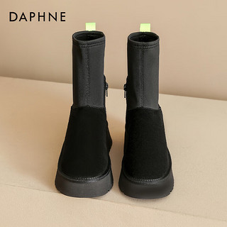 达芙妮（DAPHNE）厚底增高雪地靴女冬加绒保暖铅笔靴百搭时尚棉靴子 黑色 39