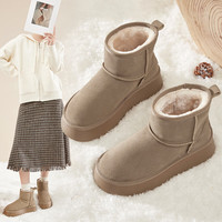ZHR雪地靴女冬季舒适防滑真牛皮棉鞋女加绒加厚底保暖女靴 卡其色-GZ08H 40