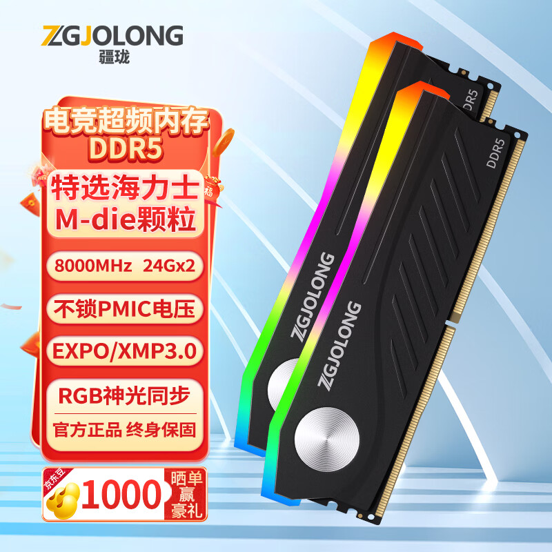 疆珑（ZGJOLONG）i9蛟龙 DDR5内存条 电竞超频 RGB灯条特挑海力士M-die颗粒 48G(24Gx2) 8000黑 i9蛟龙灯条